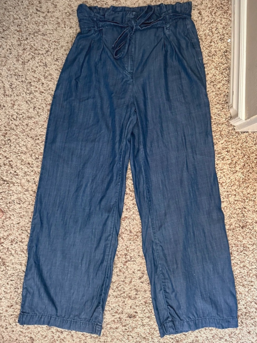 Paperbag Waist Wide-Leg Chambray Lyocell Pants with Self Tie - Blue - Picture 3 of 6